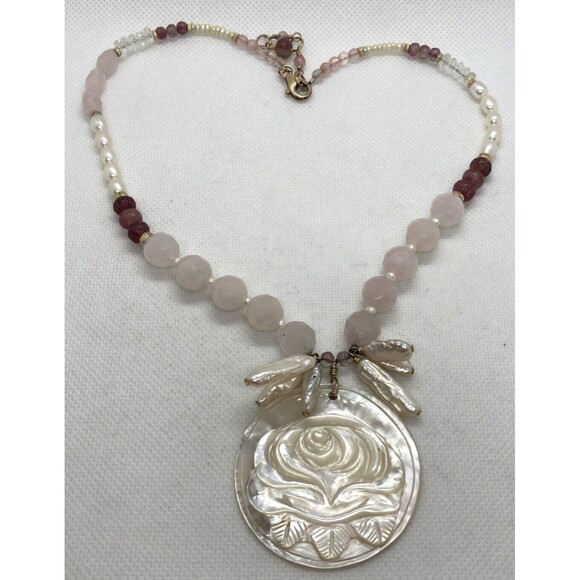 Vintage Rose Quartz Carved Mother of Pearl Tourmaline 18'' Necklace 14/20 GF 44g - Picture 2 of 9